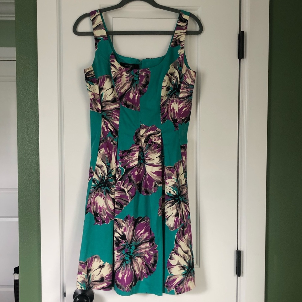Nine West large teal & purple floral cotton dress